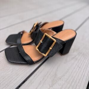 Black leather block heel sandals
